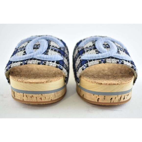 Chanel 20P Blue Tweed Denim CC Logo Cork Mule Slide Slip Platform Sandal Flat 41 - Picture 4 of 9